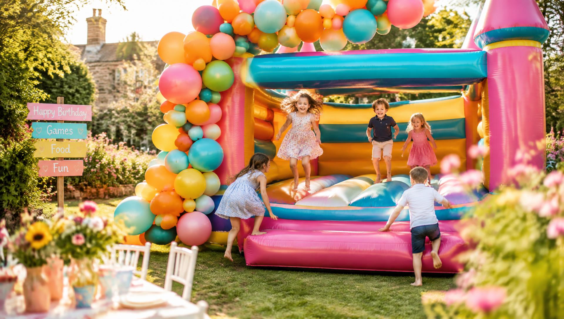 Children's garden party with bouncy castle and balloon arch